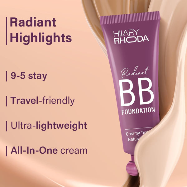 Hilary Rhoda Radiant BB Foundation | Ultra-Creamy & Lightweight Formula | 9 to 5 Stay | Hides Blemishes & Dark Spots | Blends Easily | Daily Wear BB Cream | Dewy Finish | 60g