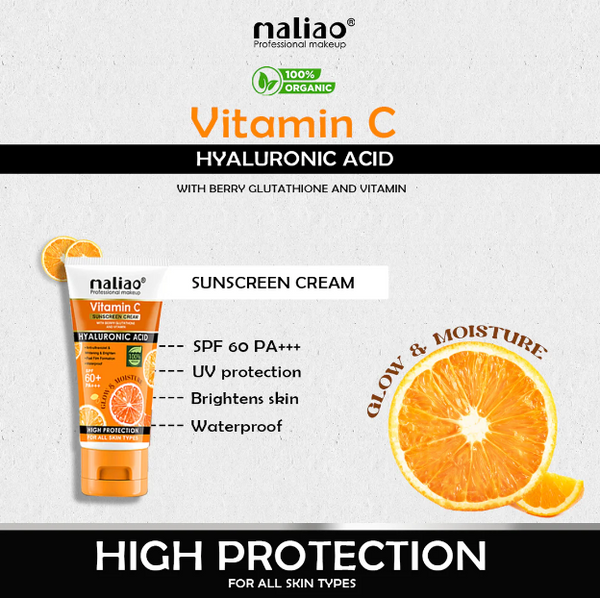 Maliao Vitamin C Sunscreen Cream With Berry Glutathione & Hyaluronic Acid - SPF 60+ PA+++ (High Protection, Waterproof, All Skin Types)