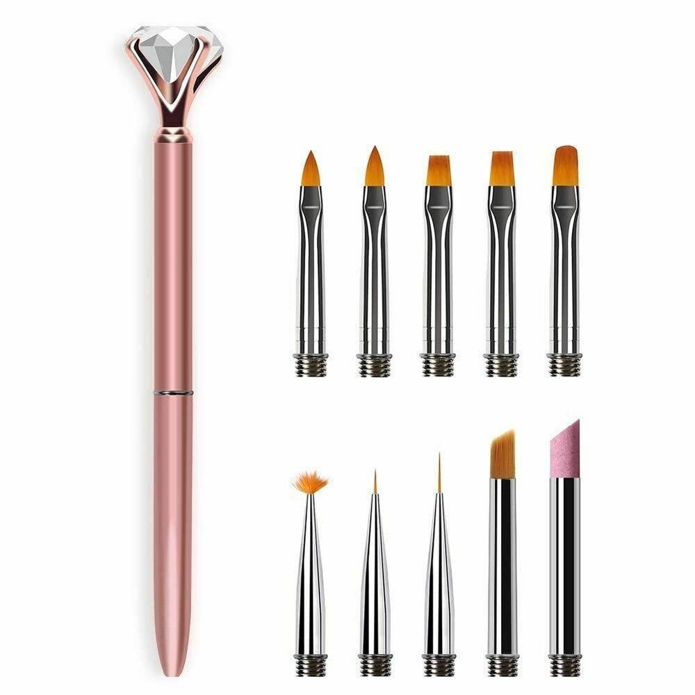 Nail Art Pen Brush Set (10 pieces) Replace Head Metal Diamond Cuticle Remover Crystal Flower Drawing Painting Liner Design Nail Tool