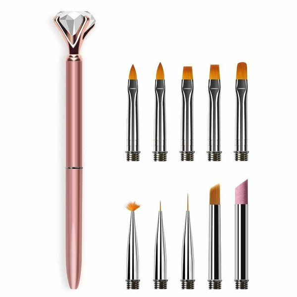 Nail Art Pen Brush Set (10 pieces) Replace Head Metal Diamond Cuticle Remover Crystal Flower Drawing Painting Liner Design Nail Tool