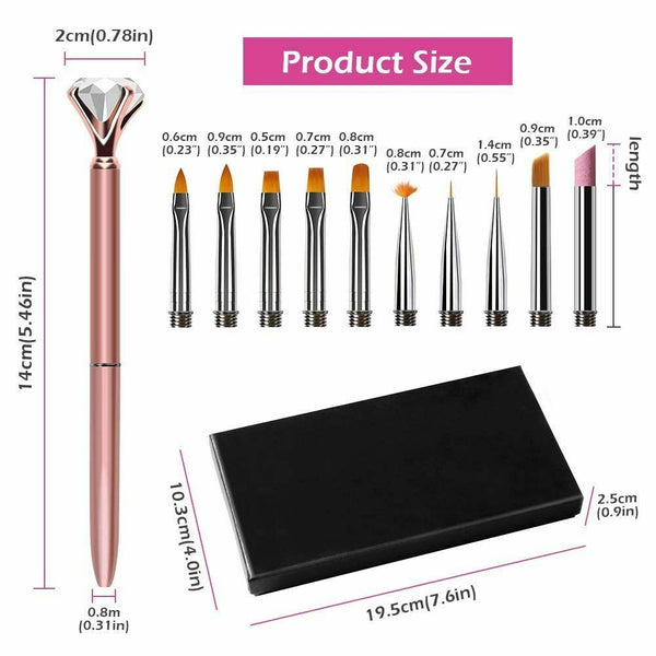 Nail Art Pen Brush Set (10 pieces) Replace Head Metal Diamond Cuticle Remover Crystal Flower Drawing Painting Liner Design Nail Tool