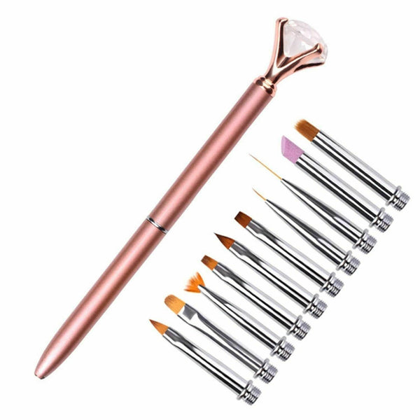 Nail Art Pen Brush Set (10 pieces) Replace Head Metal Diamond Cuticle Remover Crystal Flower Drawing Painting Liner Design Nail Tool